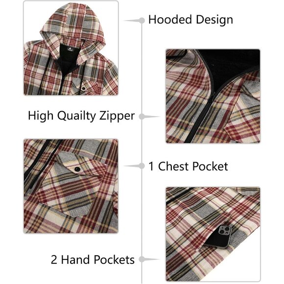 Men'sWinered Beige Flannel Plaid Jacket Warm Sherpa Lined Fleece Hoodies . - Picture 2 of 5